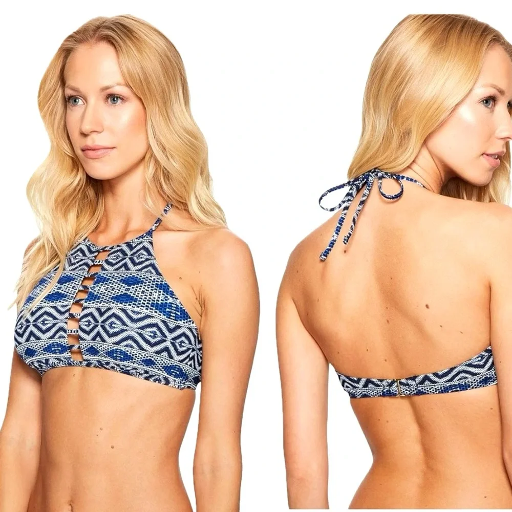 La Blanca Halter Bikini Top Size 6 Indigo Geometric Aztec Padded Peekaboo Front